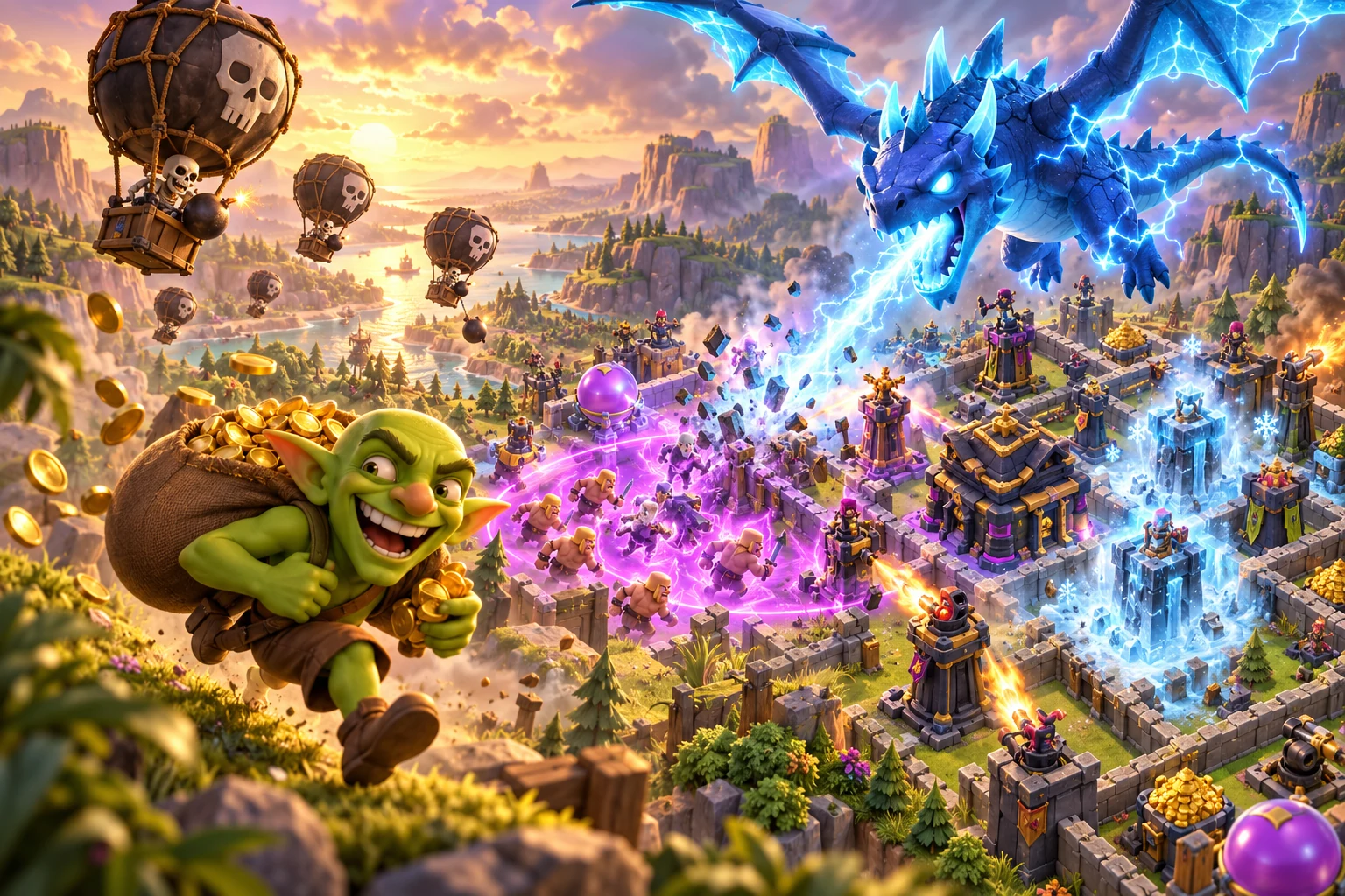 Rồng điện, Goblin và khinh khí cầu tấn công ngôi làng giữa hiệu ứng Rage tím và Freeze xanh băng